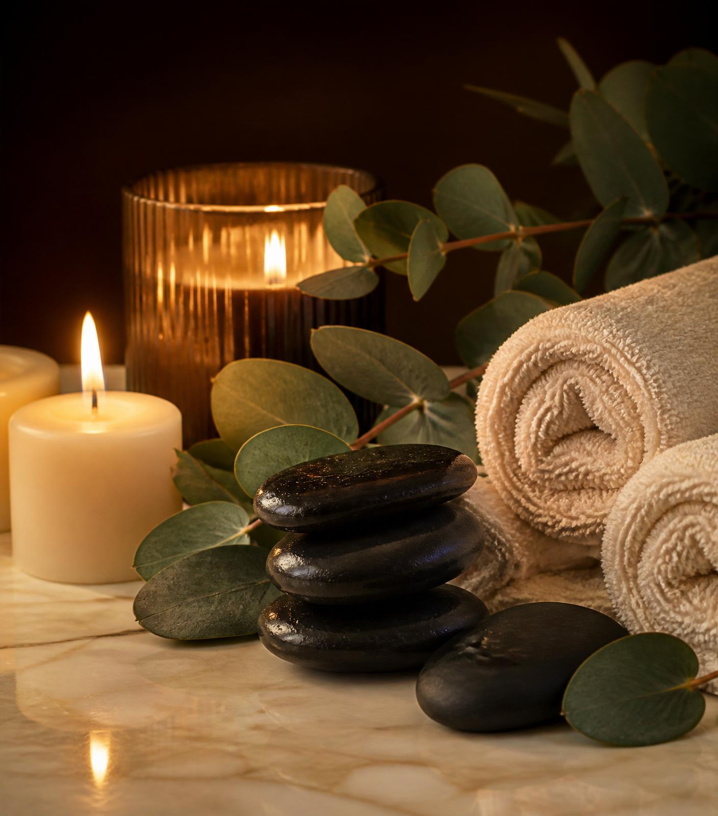 Hot stones, candles and eucalyptus on a marble surface