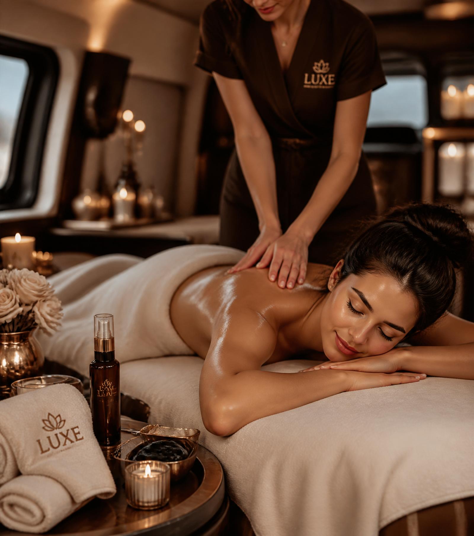 Warm candlelit spa massage scene with cream linens and champagne gold accents